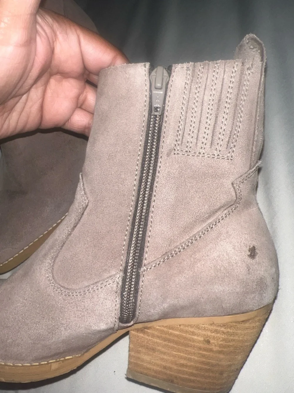 Jeffrey Campbell Taupe Suede Ankle Booties with Stacked Wood Heel - Picture 4 of 6